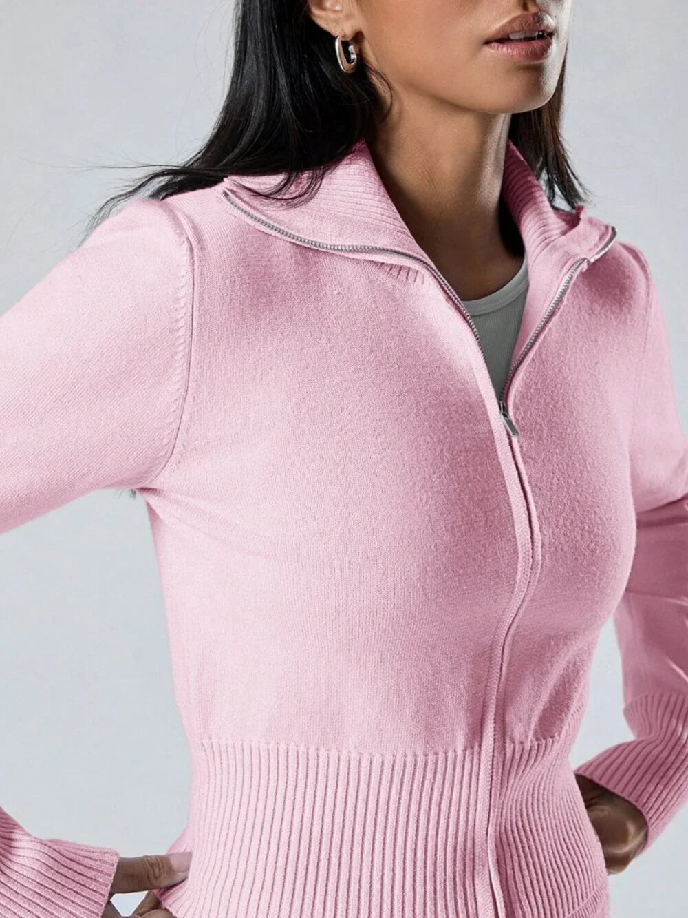 Women's Long Sleeve Zip-Front Cardigan And Knitted Long Pants Casual coord set